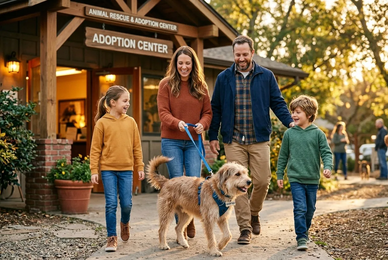 Family walking out of the adoption center with their new dog