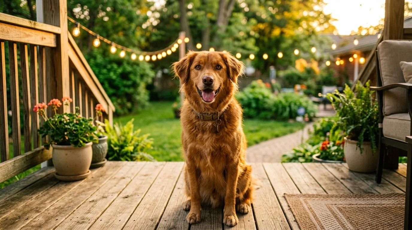 A happy rescue dog sitting on a wooden porch under warm string lights
