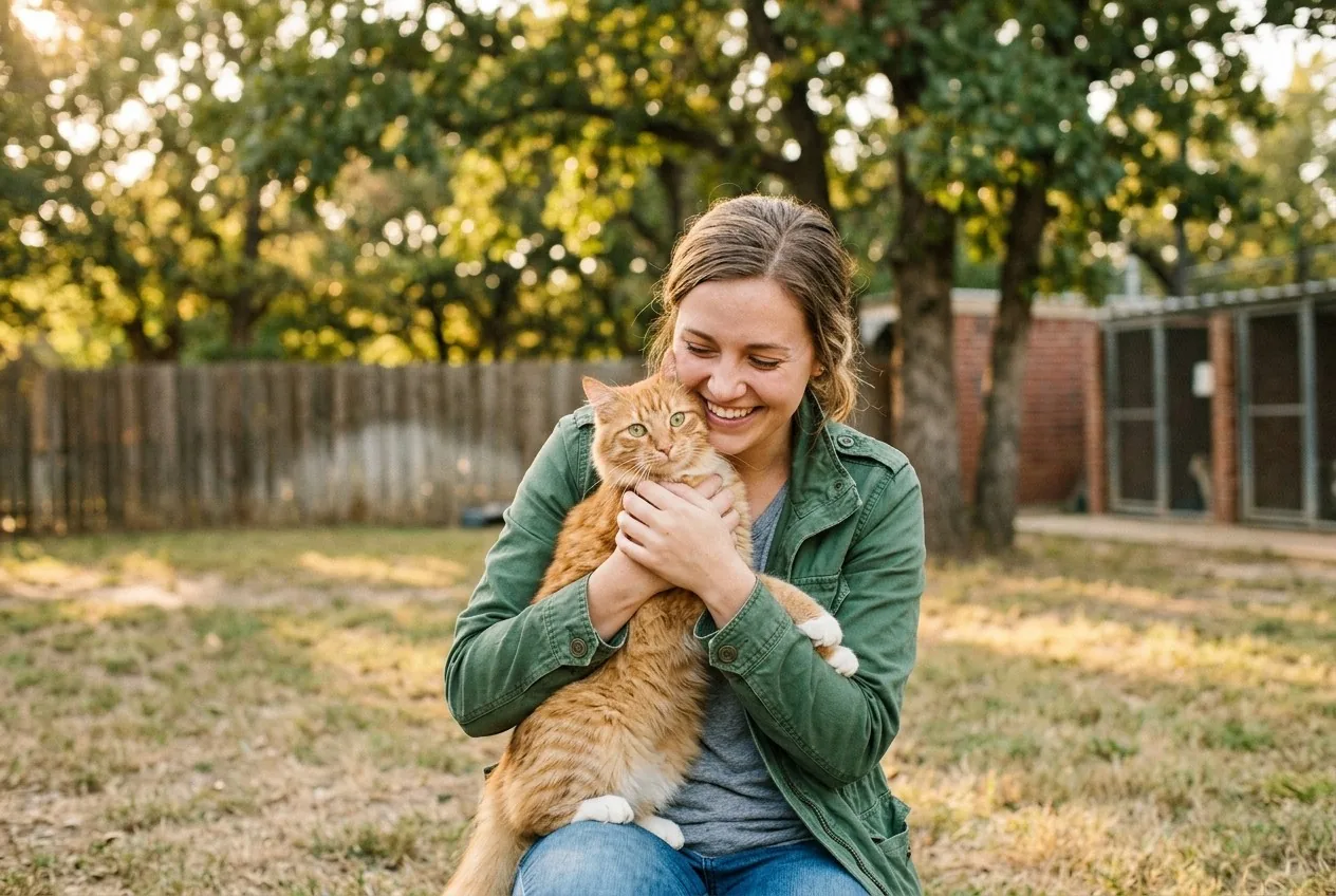 Woman cuddling an orange cat outdoors