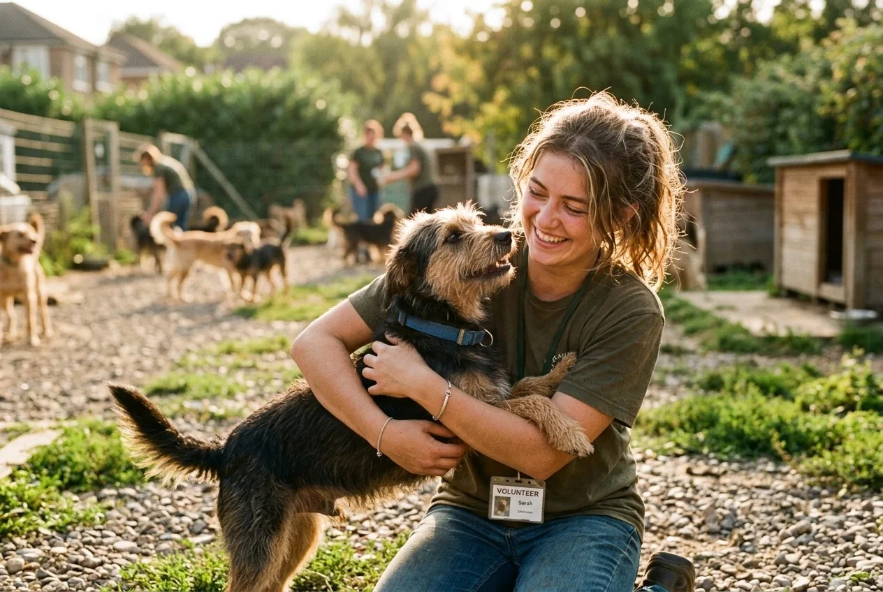Volunteer hugging a scruffy terrier in the shelter yard